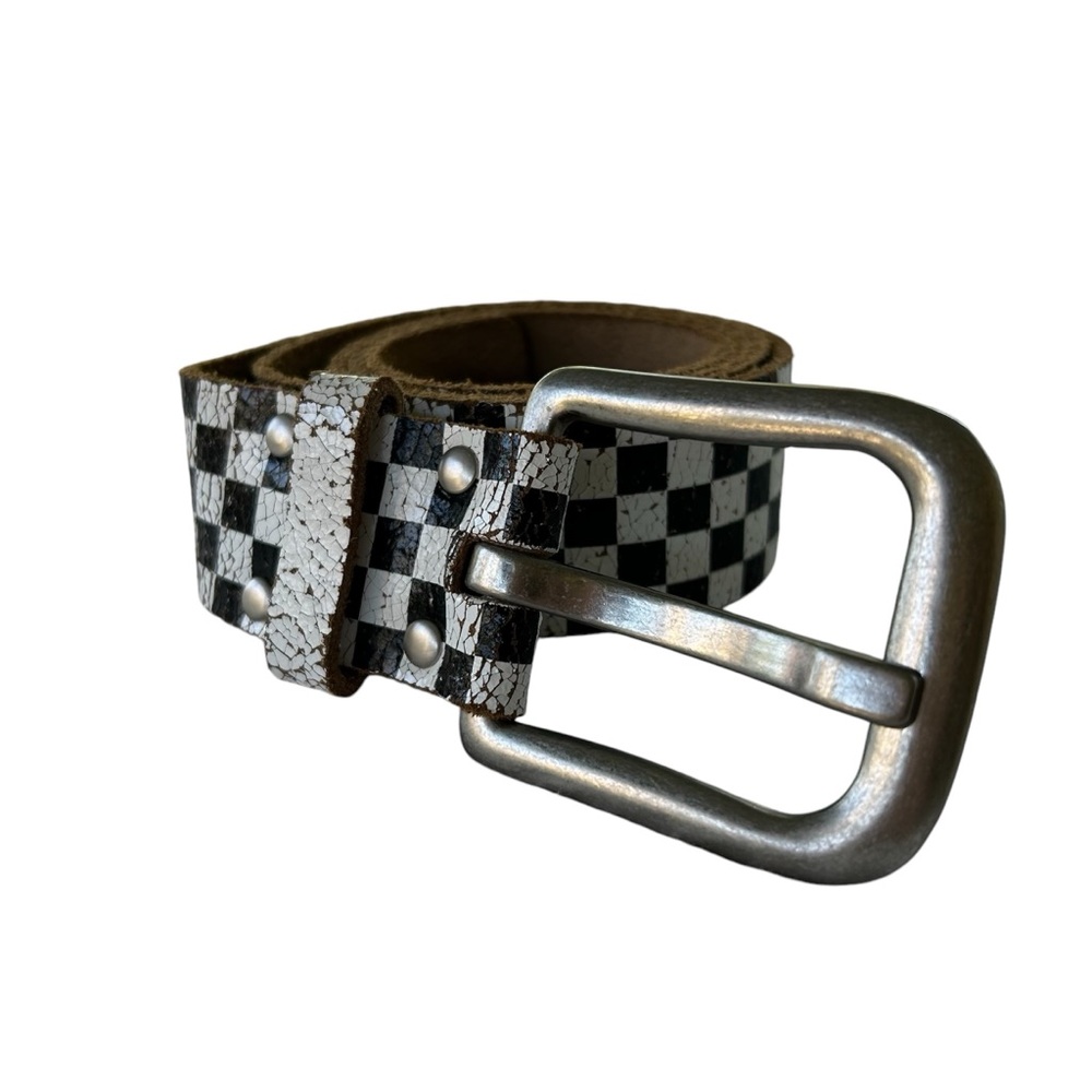 Checkerboard Black & White Leather Belt with Silver Buckle
